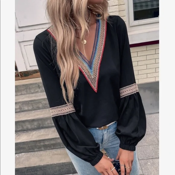 Boho Sheer Mesh Lace Long Sleeve Top Blouse Shirt Black - Picture 6 of 7